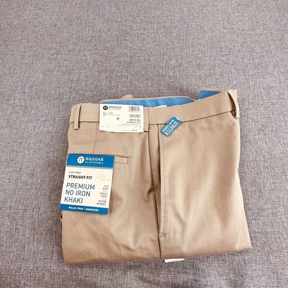 HAGGAR Clothing Mens Pants Khaki Straight Fit 42W X 30L Flex Stretch Flat Front - Picture 7 of 15